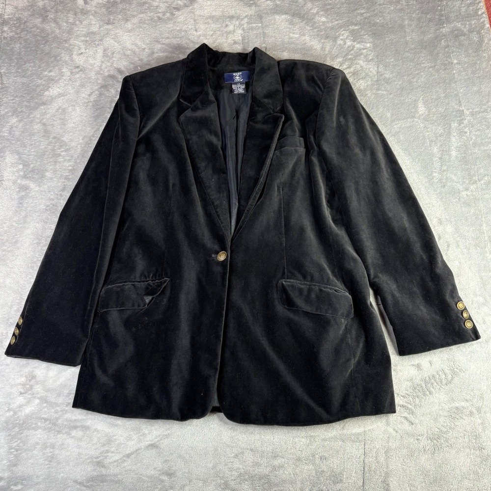 Hunt Club Blazer Womens 14 Black Velvet Equestrian Gold Crest Button Career Coat